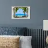 Doorkijk - Boom - Zee - Palmboom - Heuvels - Strand - Blauw poster papier klein -sfeer2