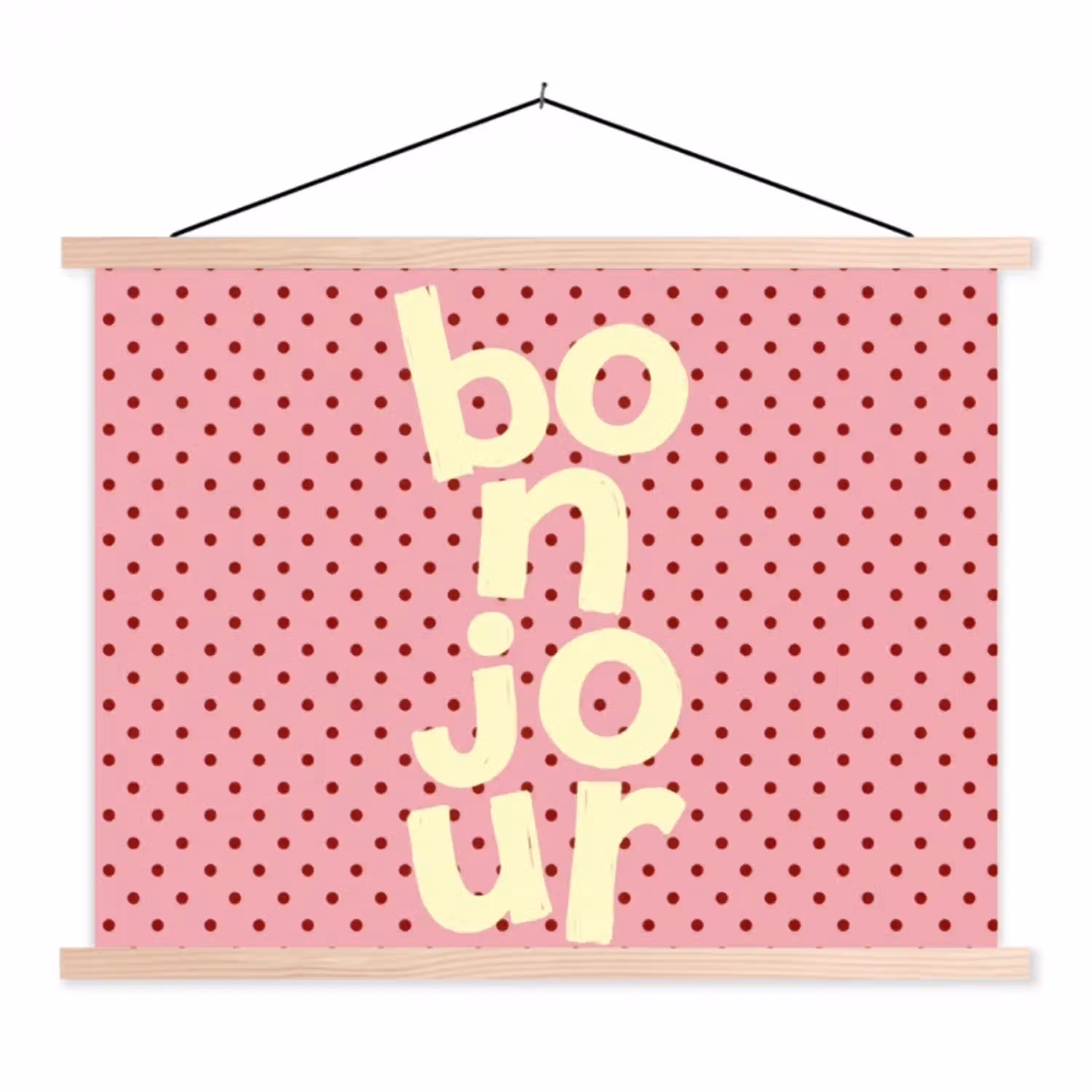 Bonjour - Stippen - Roze- Geel textielposter latten blank klein -3d