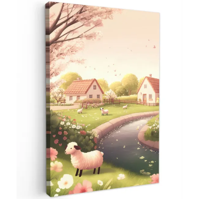 Schapen - Huisje - Platteland Tuinposter op houten frame 2 cm dik klein -3d