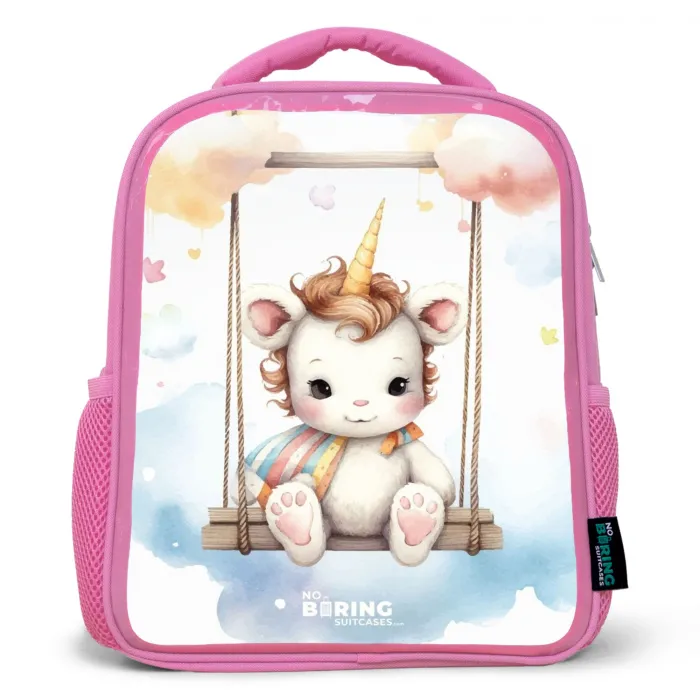 Schommelende baby eenhoorn Kinderrugzak - Roze middel -3d