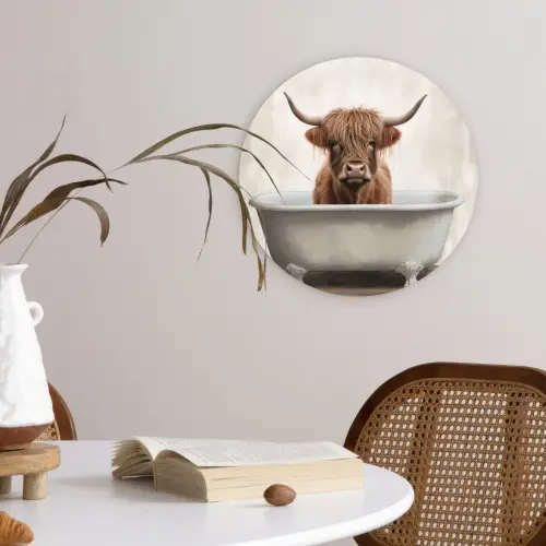 Schotse hooglander - Bad - Badkamer - Badkuip - Bruin - Horens Wandcirkel kunststof plaat 5mm dik klein -sfeer4