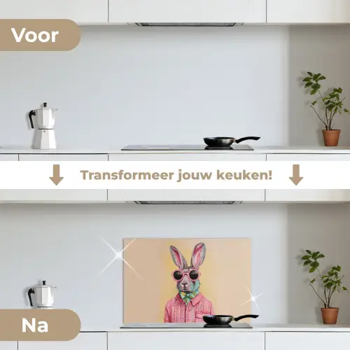 Grijs - Konijn - Blouse - Strik keuken achterwand spatscherm klein -voor_na_NL
