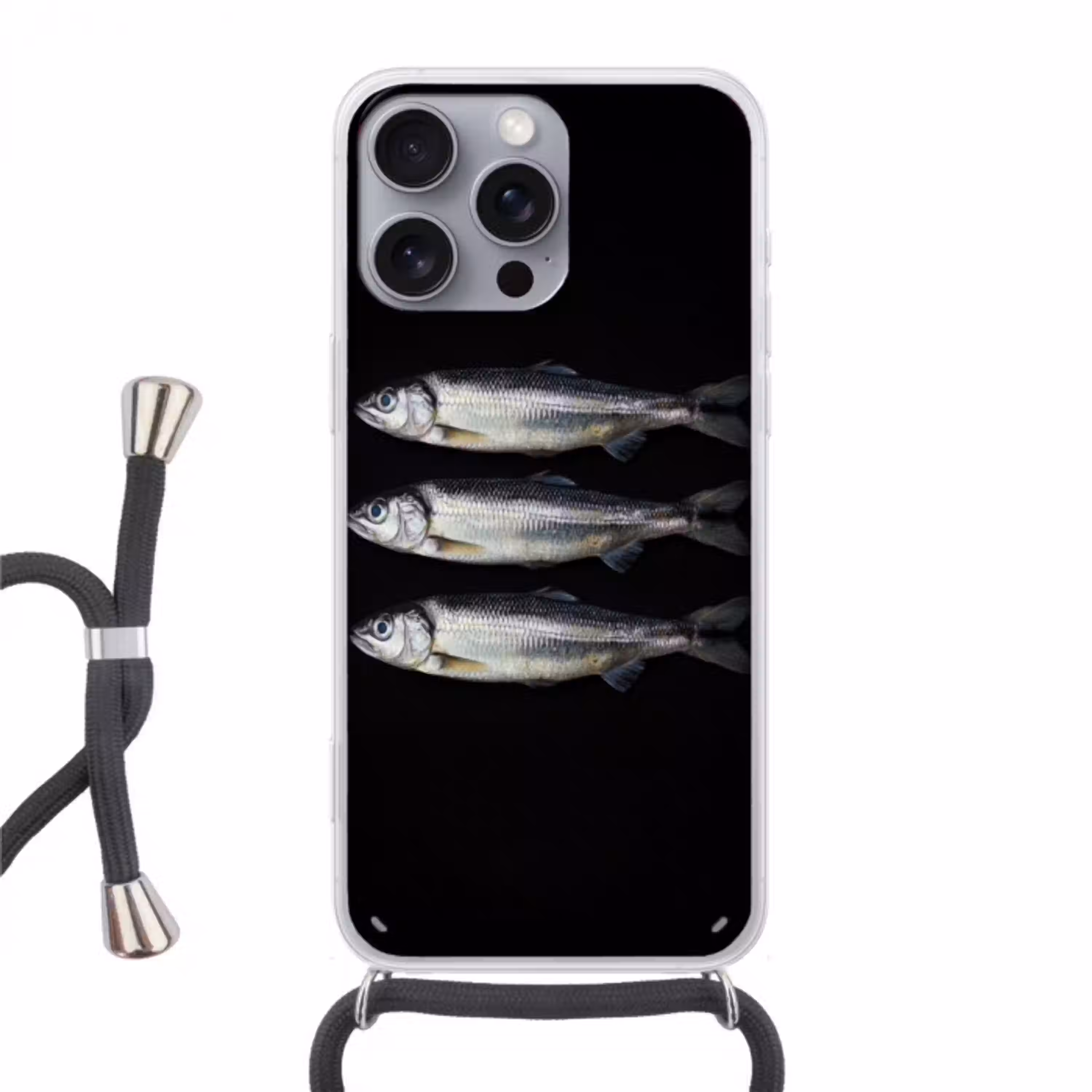 Haring - Vissen - Zwart Hoesje iPhone 16 Pro Max met koord klein -3d