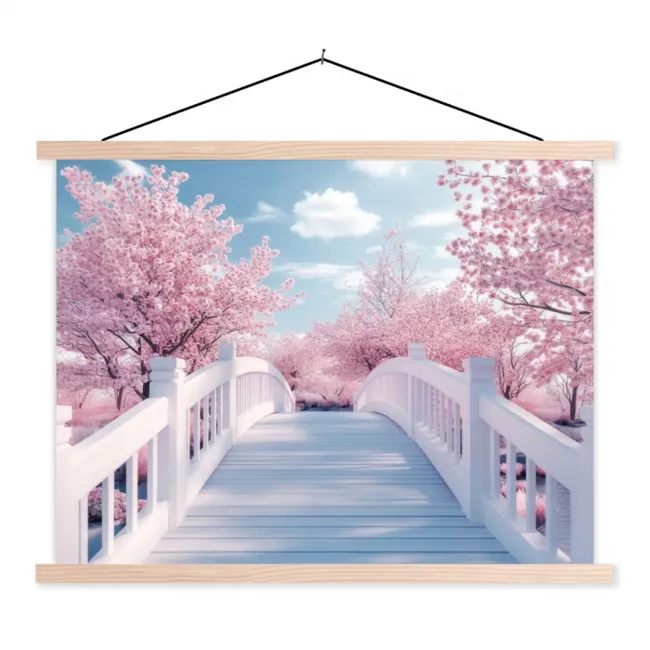 Brug - Kersenbomen - Wit textielposter latten blank klein -3d