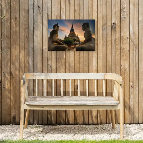 Tempel - Zonsondergang - Boeddha beelden - Buddha Tuinposter op houten frame 2 cm dik klein -sfeer4
