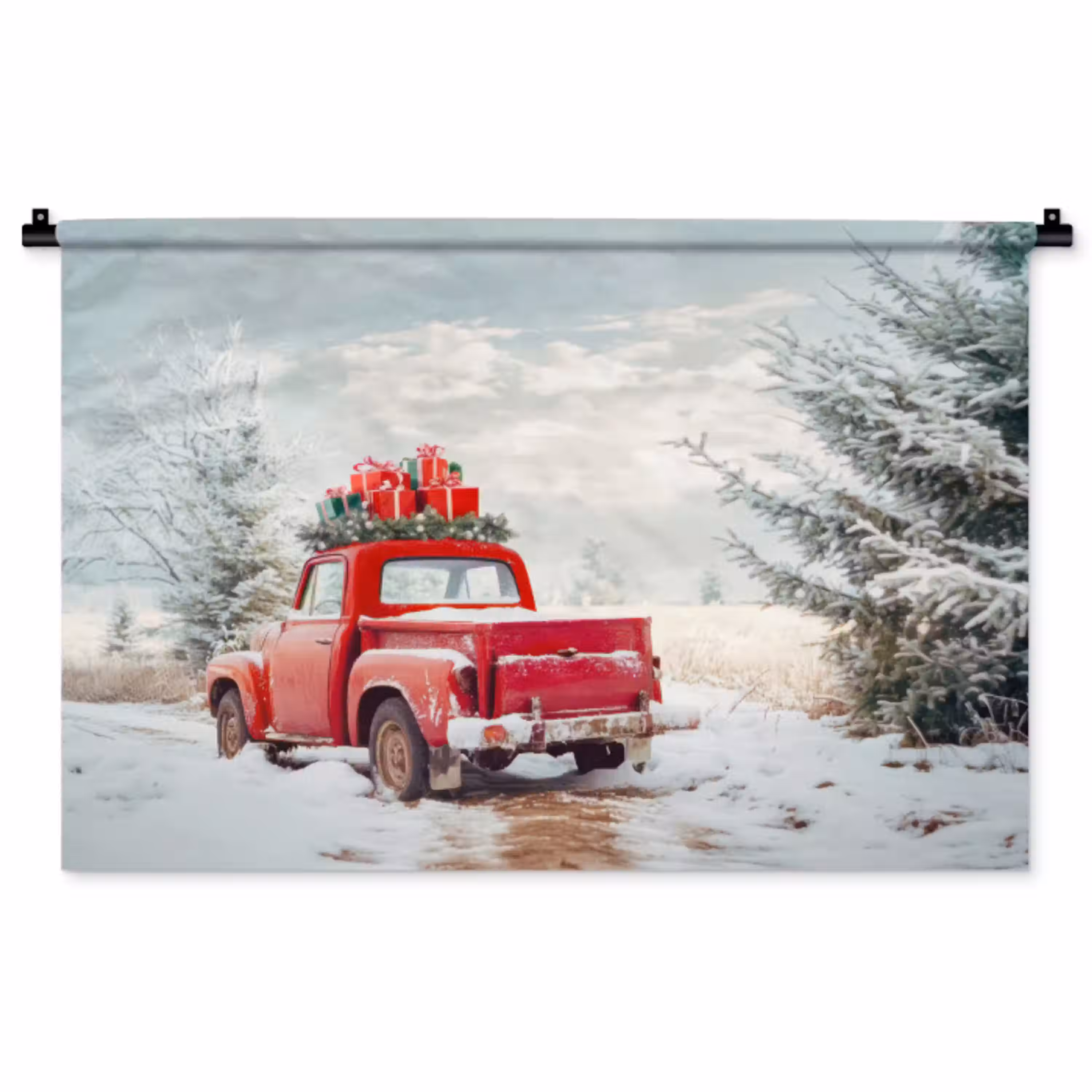 Auto - Rood - Cadeaus - Winter - Sneeuw - Kerst Wandkleed katoen middel -zz3d