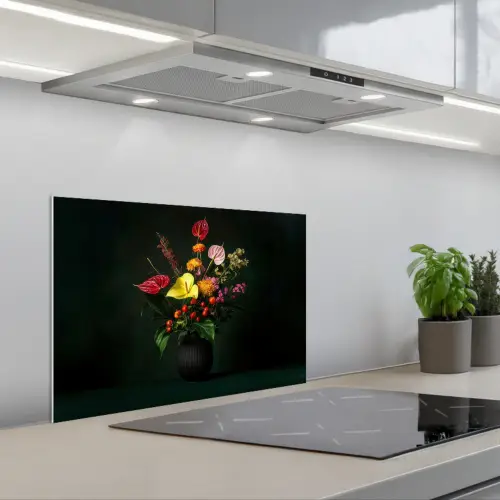 Bloemen - Vaas - Zwart keuken achterwand spatscherm klein -3d_schuin