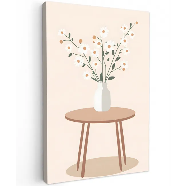 Vaas - Bloemen - Madeliefjes - Beige Tuinposter op houten frame 2 cm dik middel -3d