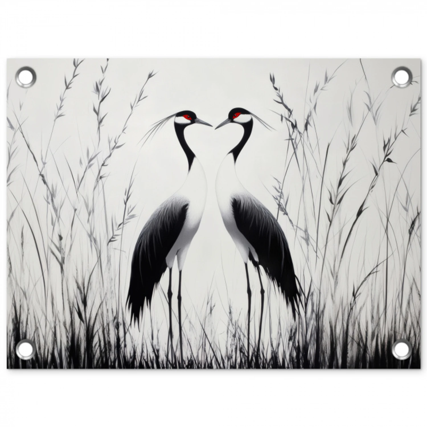 Kraanvogels - Gras - Hartvorm - Zwart tuinposter los doek klein -3d