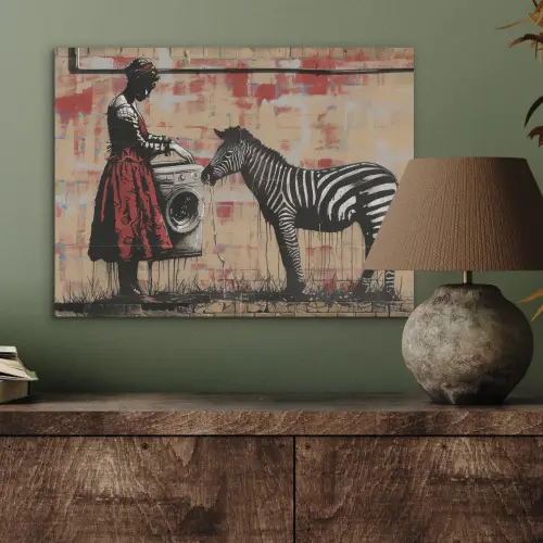 Street art - Zebra - Vrouw - Dieren - Graffiti - Banksy PET vilt klein -sfeer2