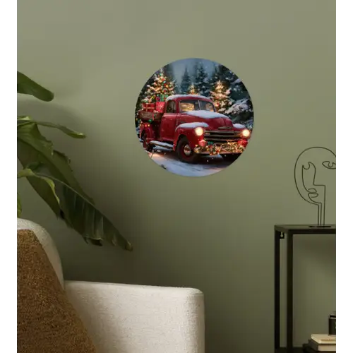Kersttruck - Sneeuwbos - Rood Wandcirkel behangsticker klein -sfeer2
