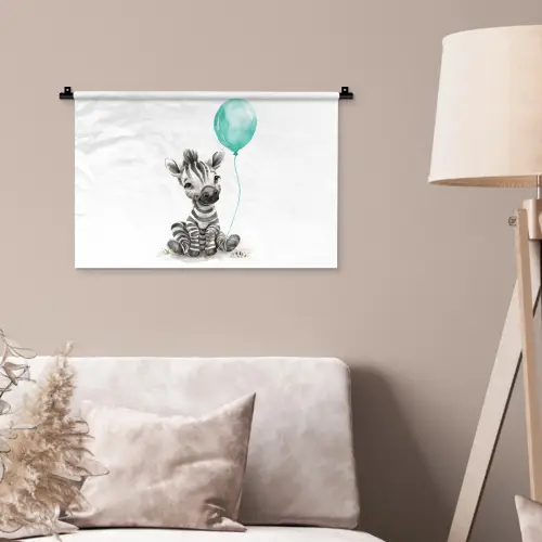 Zebra - Baby dier - Blauwe ballon Wandkleed katoen klein -sfeer4
