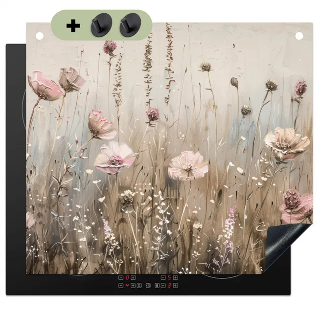 Induction Hob Cover & Splashback (2-in-1) - Flowers - Pink - Modern - Beige