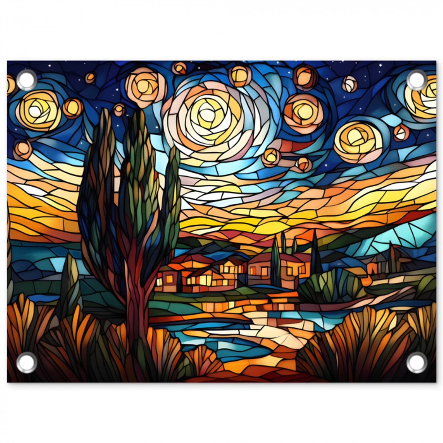 Hemel - Sterren - Mozaïek - Huizen tuinposter los doek klein -3d