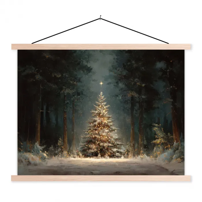 Kerstboom - Bos - Sneeuw - meerkleurig textielposter latten blank klein -3d