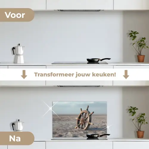 Scheepsstuur - Hout - Bruin - Zand keuken achterwand spatscherm klein -voor_na_NL