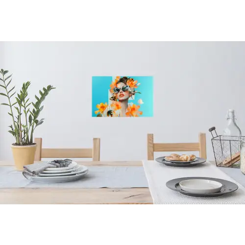 Bloemen - Vrouw - Zonnebril - Blauw Muursticker klein -eettafel