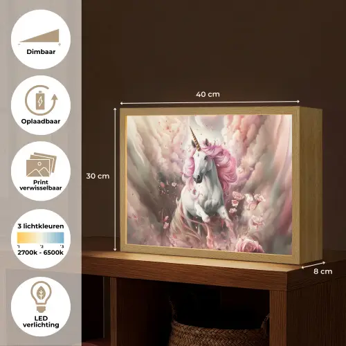 Eenhoorn - Meisje - Roze - Bloemen - Sprookje Light Box met batterij (Wandlamp kind) middel -USP_websiteoverzichtNL