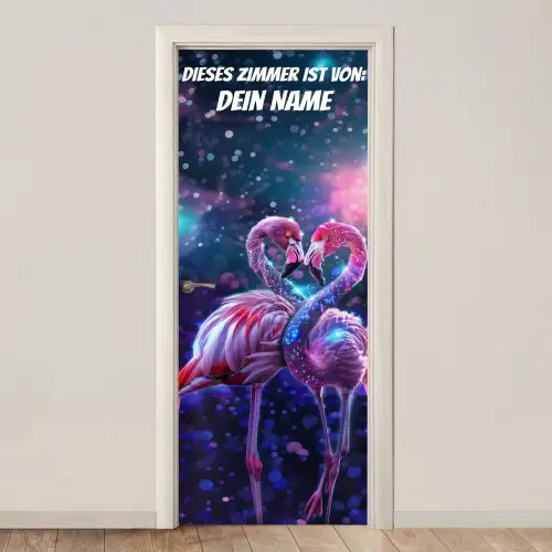 Zwei Flamingos bilden ein Herz mit ihren Hälsen. deurposter klein -3d_beige