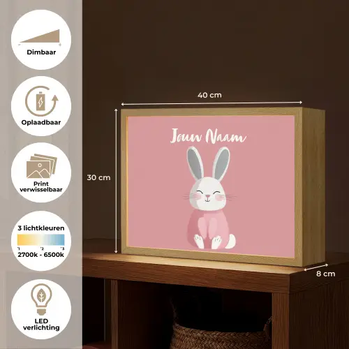 Illustratie - Konijn - Roze - Minimalistisch Light Box met batterij (Wandlamp kind) middel -USP_websiteoverzichtNL