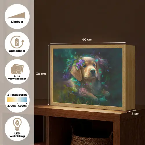 Hond - Puppy - Bloemen - Natuur - Golden retriever Light Box met batterij (Wandlamp kind) middel -USP_websiteoverzichtNL