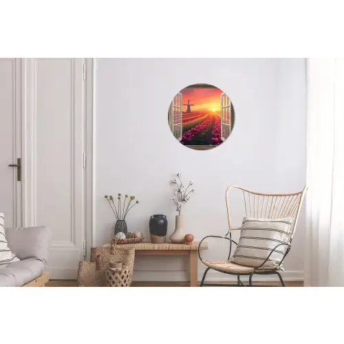Doorkijk - Tulpen - Zonsondergang - Bloemen - Kleurrijk Wandcirkel aluminium klein -woonkamer