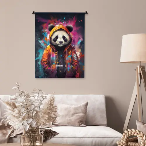 Panda met oranje jas en verfspetters Wandkleed katoen klein -sfeer4