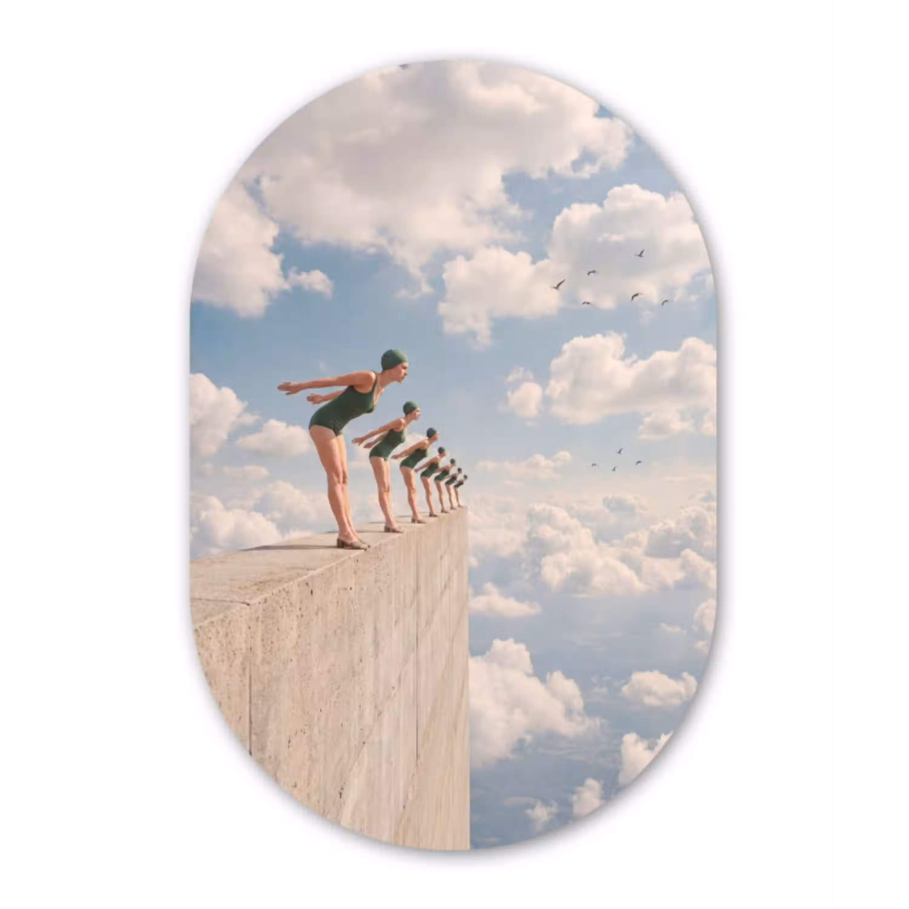 Vrouwen - Duikhouding - Wolken Wandcirkel Ovaal Aluminium middel -3d