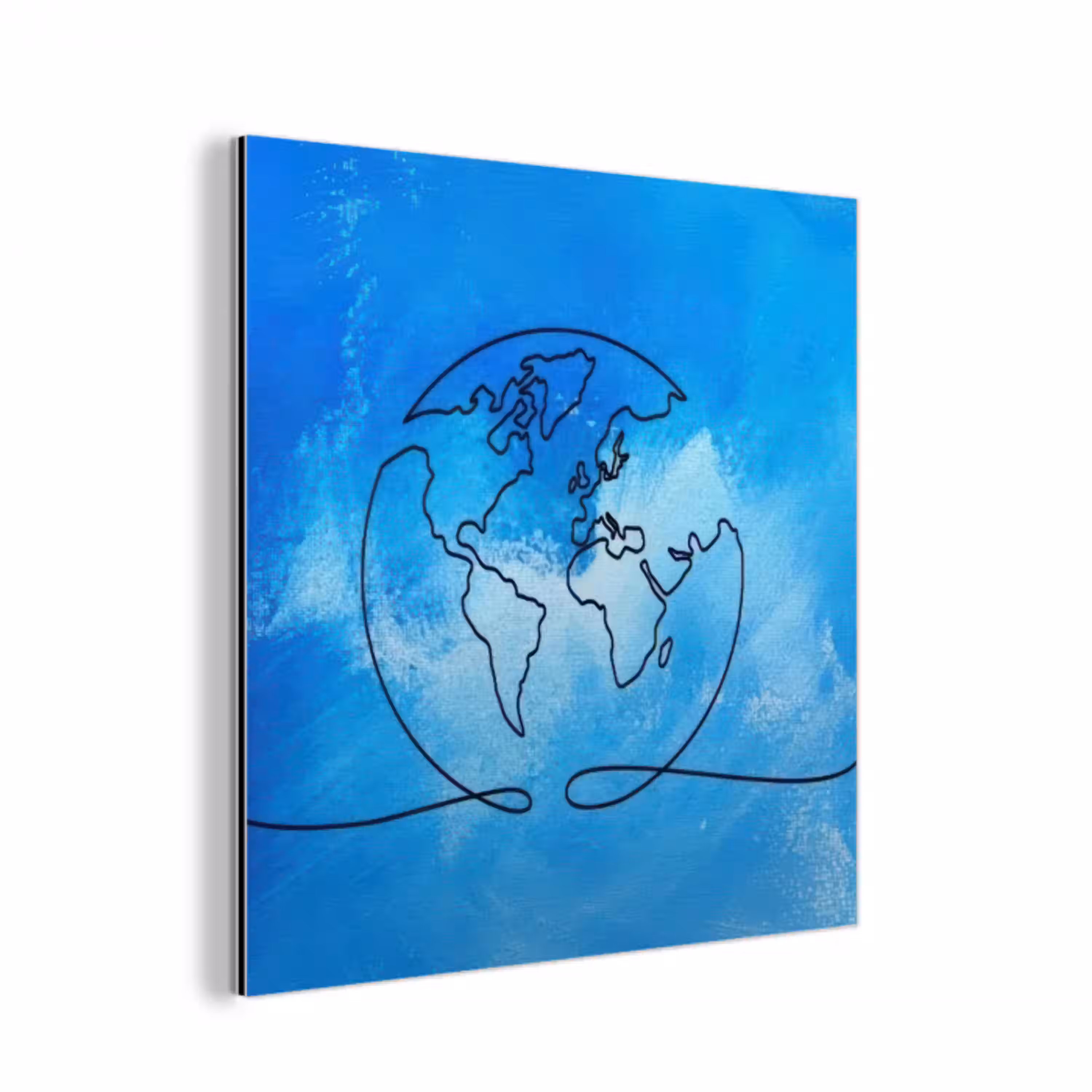 Wereldbol - Blauw - Lijn - Wereldkaart aluminium wit klein -3d
