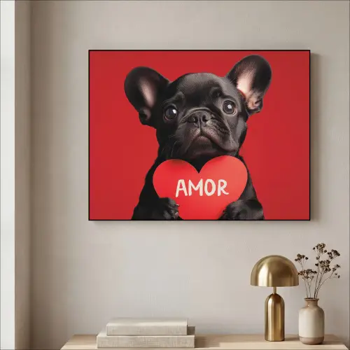 Amor - Hond  - Hartje - Rood Textielframe zwart klein -sfeer2
