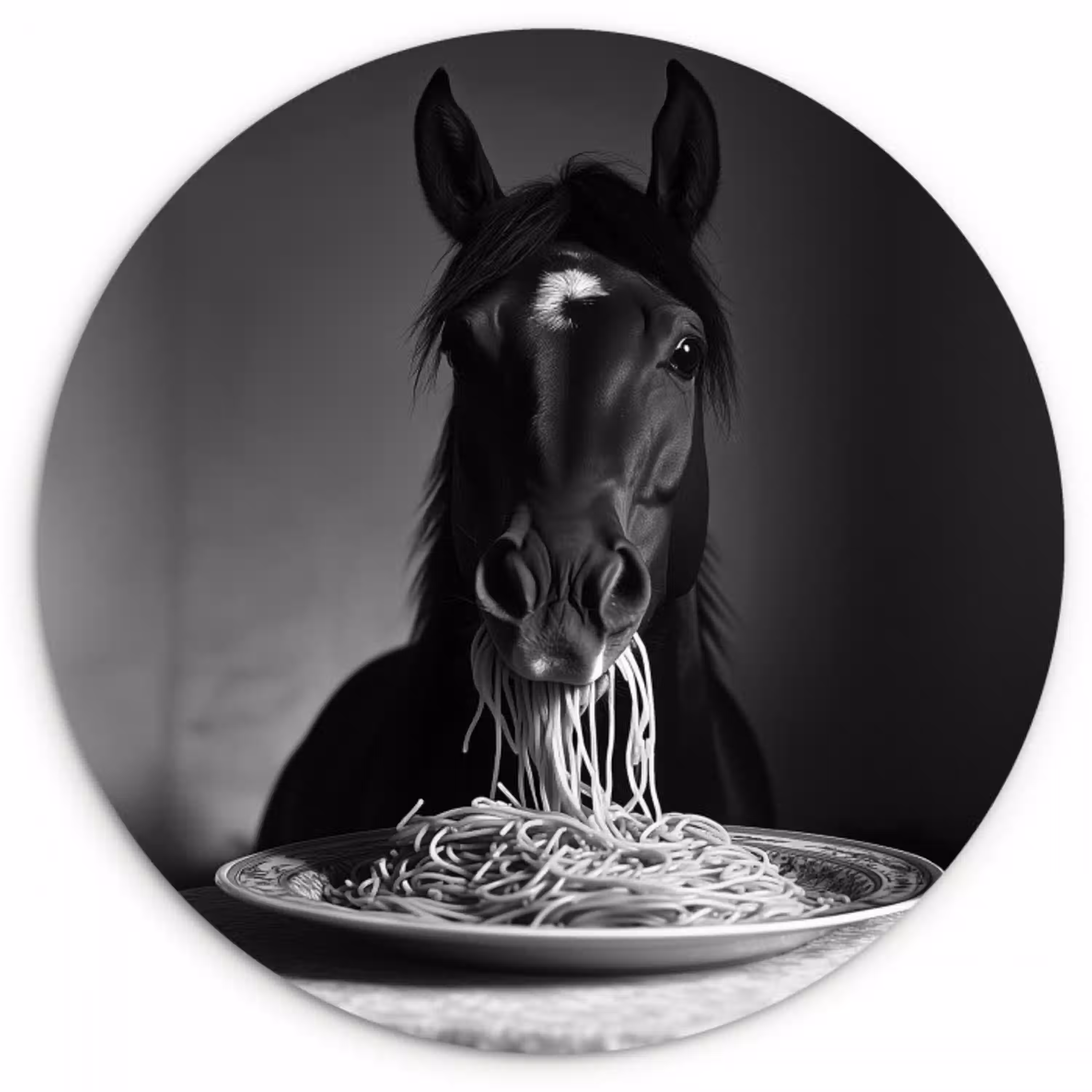 Paard - Bord - Pasta - Tafelkleed - Zwart Wit - Dieren Wandcirkel plexiglas klein -3d
