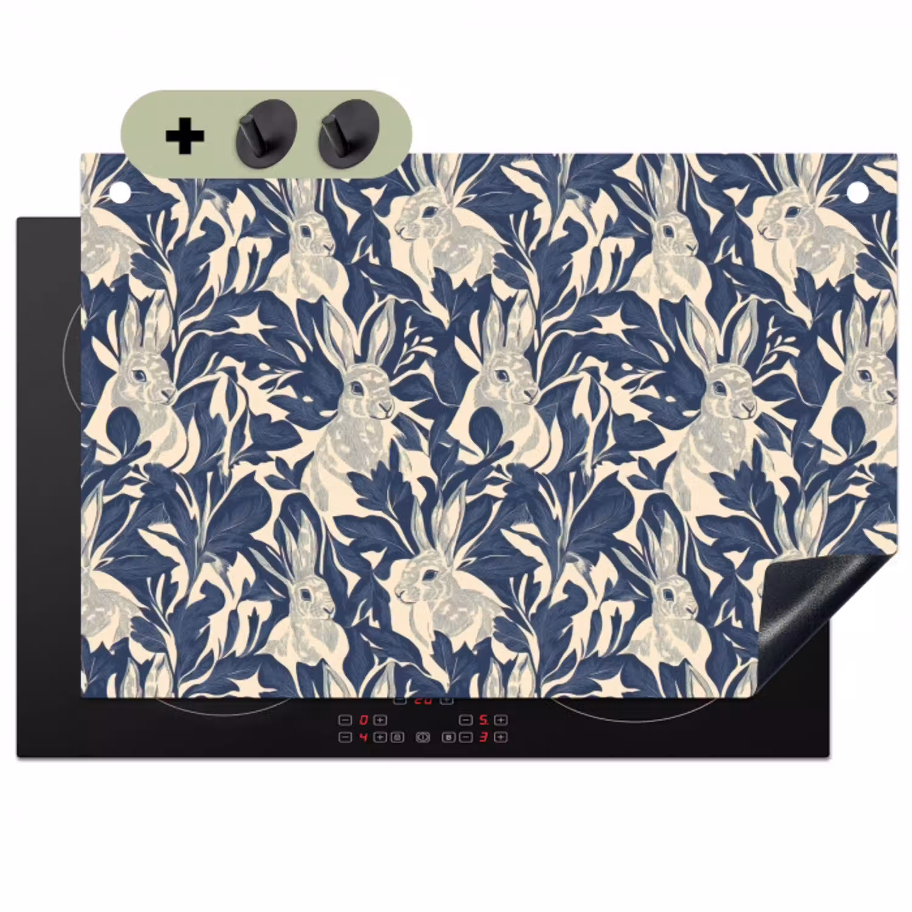 Hazen - Bladeren - Patroon - Blauw - Beige Inductie beschemer met haakjes klein 777 -3d