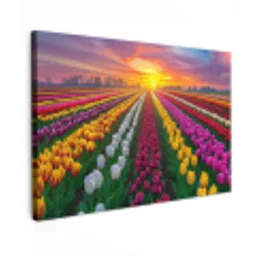 Tulpenveld - Zonsondergang - Kleurrijk Tuinposter op houten frame 2 cm dik klein -3d