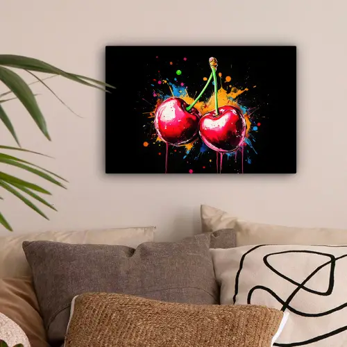 Kersen - Fruit - Graffiti - Verf - Abstract - Modern - Kleurrijk canvas 2cm klein -sfeer1