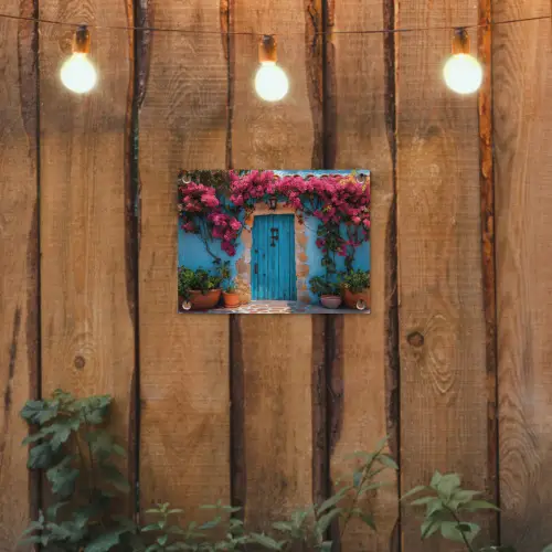 Deur - Hout - Bloemen - Blauw tuinposter los doek klein -sfeer1