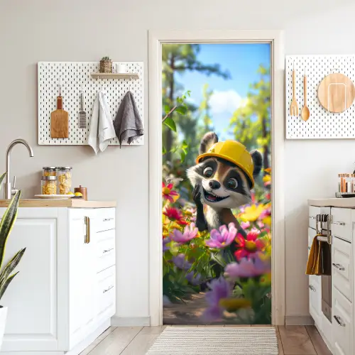 Wasbeer  - Natuur - Bloemen - Bouwhelm deurposter klein -sfeer5