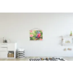 Papagaai - Hibiscusbloemen - Kleurrijk textielposter latten blank klein -kinderkamer