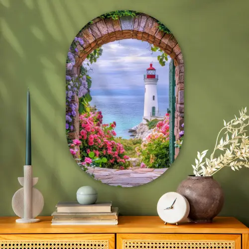 Doorkijk - Vuurtoren - Bloemen - Uitzicht Wandcirkel Ovaal Glas middel -sfeer2