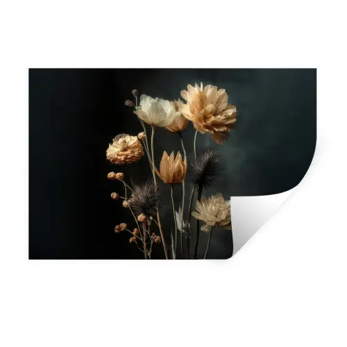 Boeket - Bloemen - Licht - Zwart Muursticker klein -3d