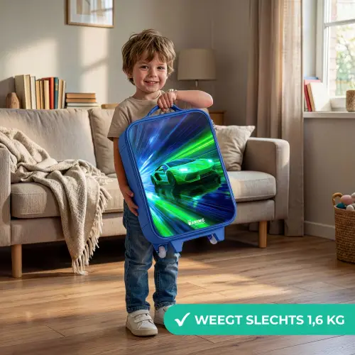 Raceauto - Felgroen - Lichtstralen - Snelheid Kinderkoffer - Blauw klein -sfeer2_NL