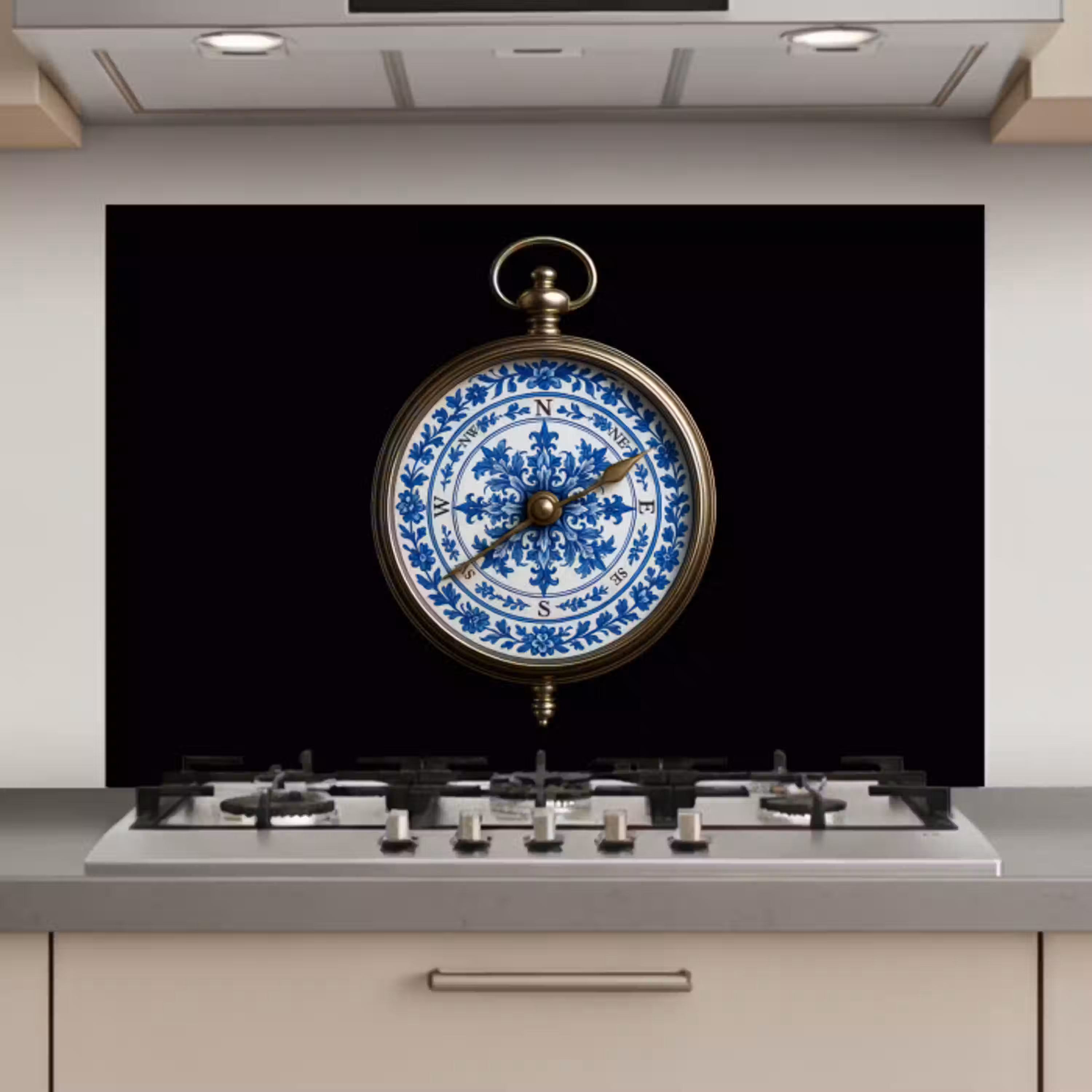 Kompas - Delfts blauw - Zwart keuken achterwand spatscherm klein -3d_website