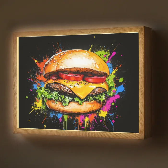 Hamburger - Graffiti - Verf - Kleurrijk - Eten - Abstract Light Box met batterij (Wandlamp) middel -z3d_website