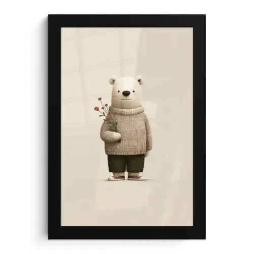 Knuffelbeer - Oranje bloemen - Vriendelijk fotolijst zwart zonder passe partout klein -3d