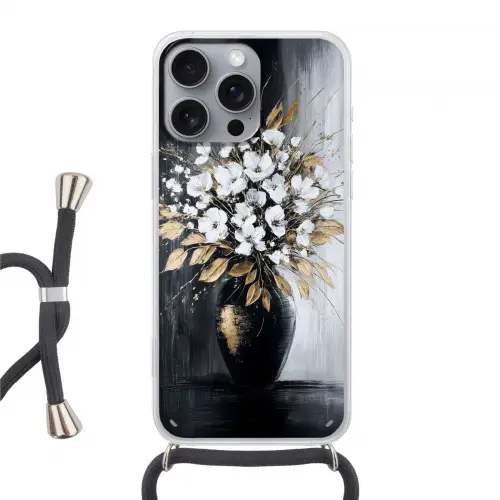 Bloemen - Wit - Vaas - Abstract Hoesje iPhone 16 Pro Max met koord klein -3d