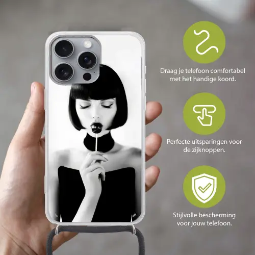 Vrouw - Lolly - Zwart - Wit Hoesje iPhone 16 Pro Max met koord klein -sfeer2_NL