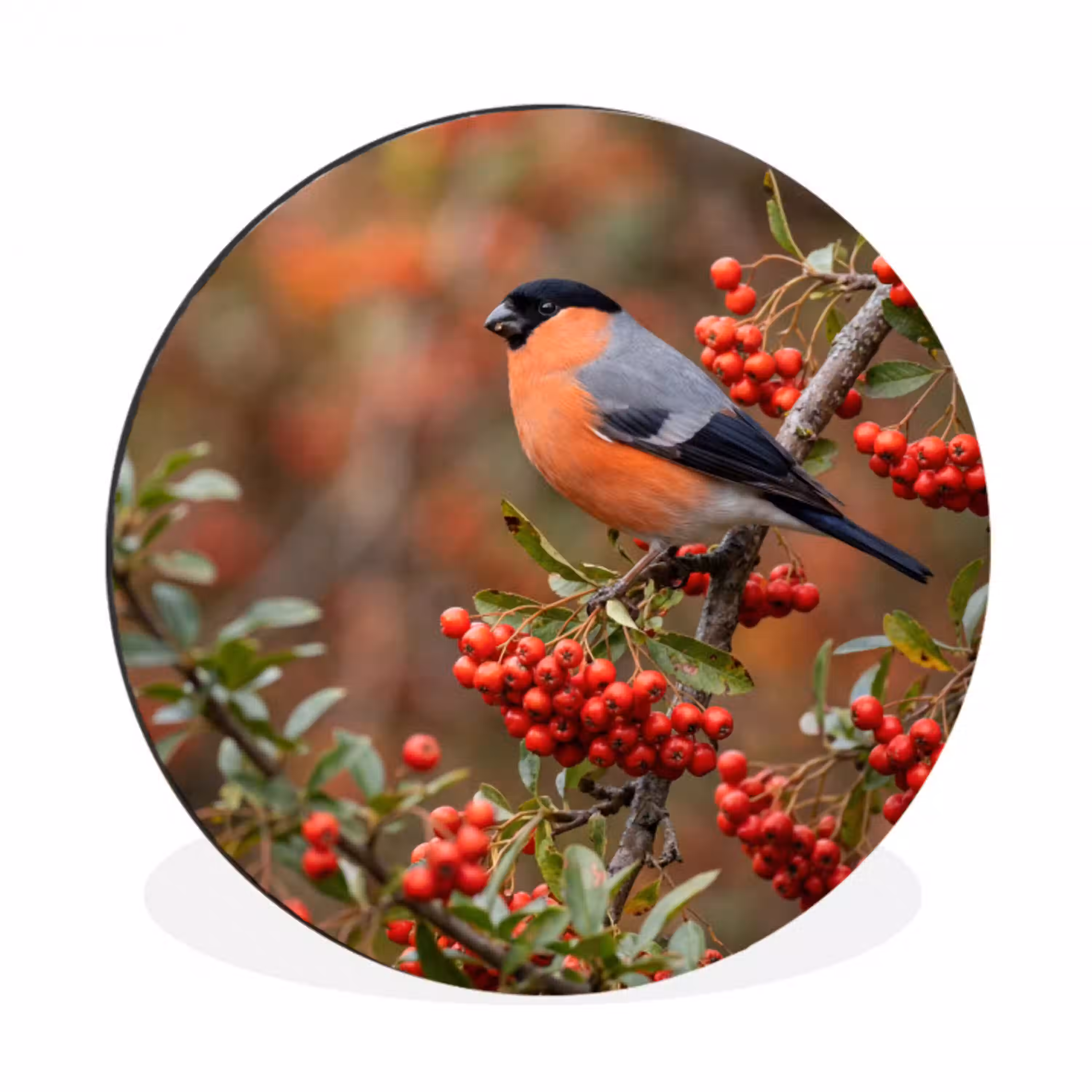 Goudvink - Bessen - Herfst - Natuur - Kleurrijk Wandcirkel aluminium klein -3d