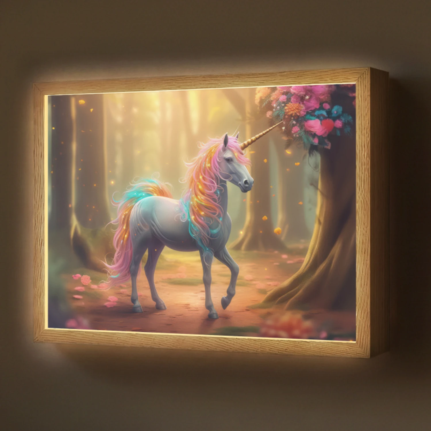 Eenhoorn - Bos - Kleurrijk - Bloemen - Meiden Light Box met batterij (Wandlamp) middel -z3d_website