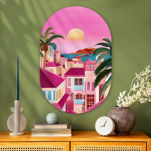 Stad - Roze - Palmbomen Wandcirkel Ovaal Glas middel -sfeer2