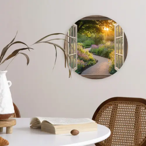 Doorkijk - Bloemen - Natuur - Zon - Pad Wandcirkel kunststof plaat 5mm dik klein -sfeer4