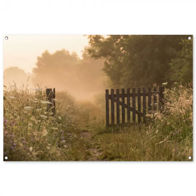 Tuinposter - Hek - Natuur - Mist - Veld